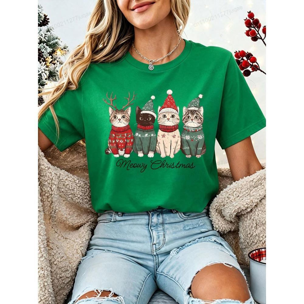 Women Christmas T‑Shirt Meowy Christmas Cute Cat Xmas Sweater Hat Reindeer Print Short Sleeve Casual Holiday Party Tee Tops Gift