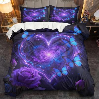 3 Piece Set Purple Dreamy Love Rose Valentine's Day Print Quilt Set,Including 1 Duvet Cover and 2 Pillowcases(excluding Padding)