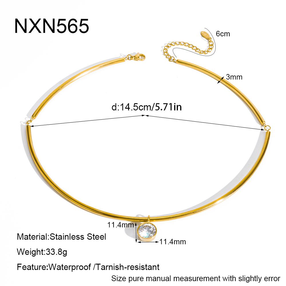 ins simple and fashionable water drop geometry single zircon pendant necklace round tube splicing collar stainless steel jewelry