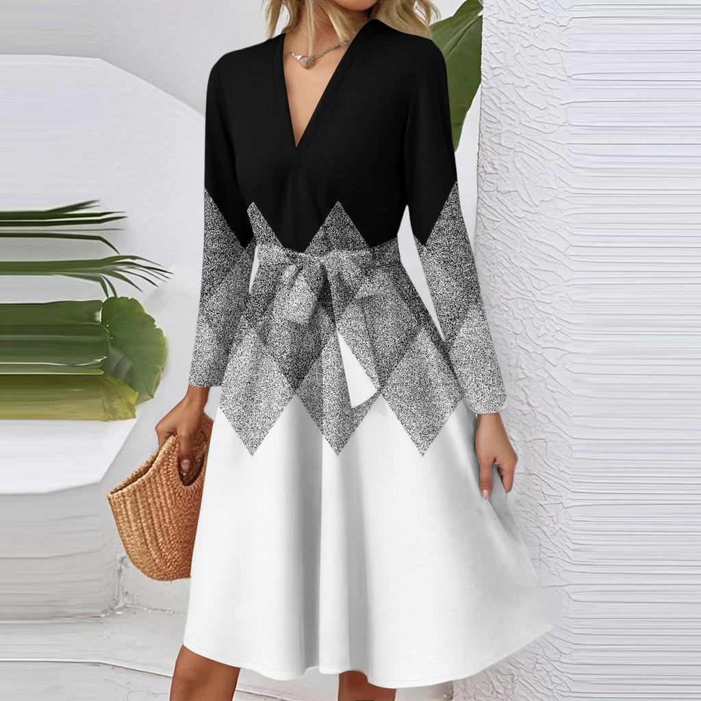 Women's Fashion Casual V-Neck Long Sleeve Waist Floral Print Midi Dress