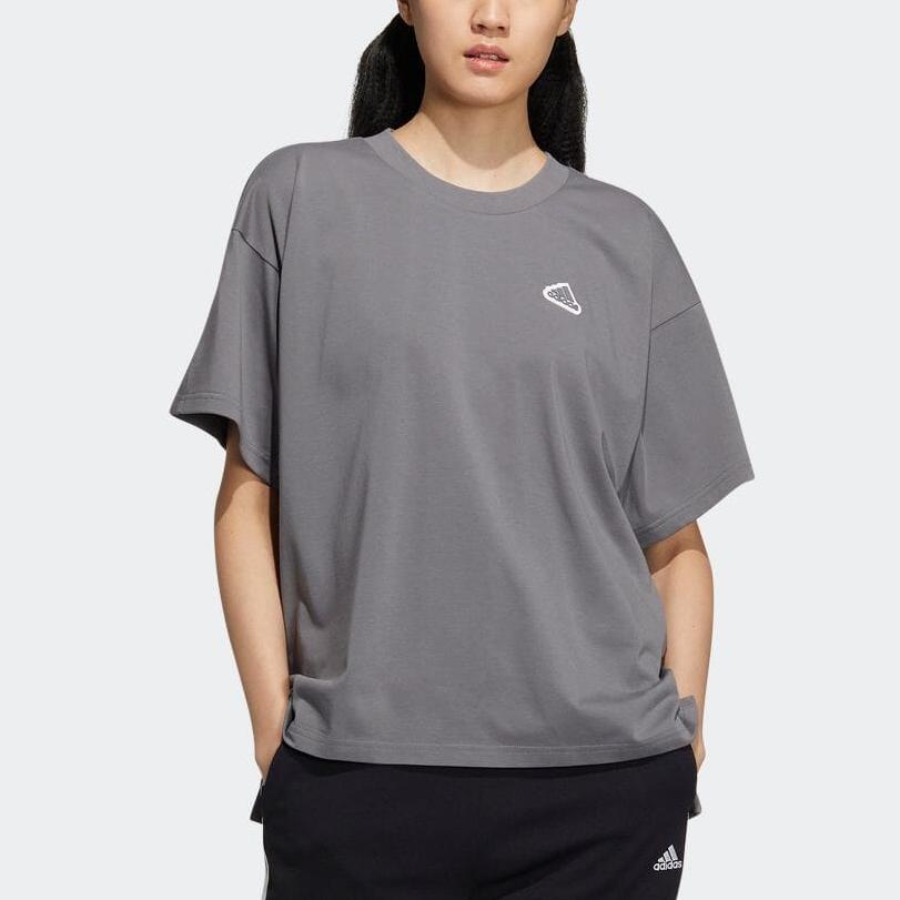 Adidas Solid Color Logo Letter Patch Short Sleeve T-Shirt Women Tops Grey IA5250