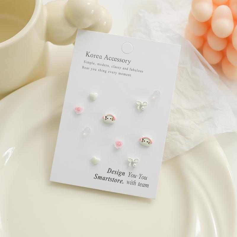 1Set Simple And Compact Silver Needle Earring Set Love Geometric Earring Combination Cute Sweet And Versatile Earrings