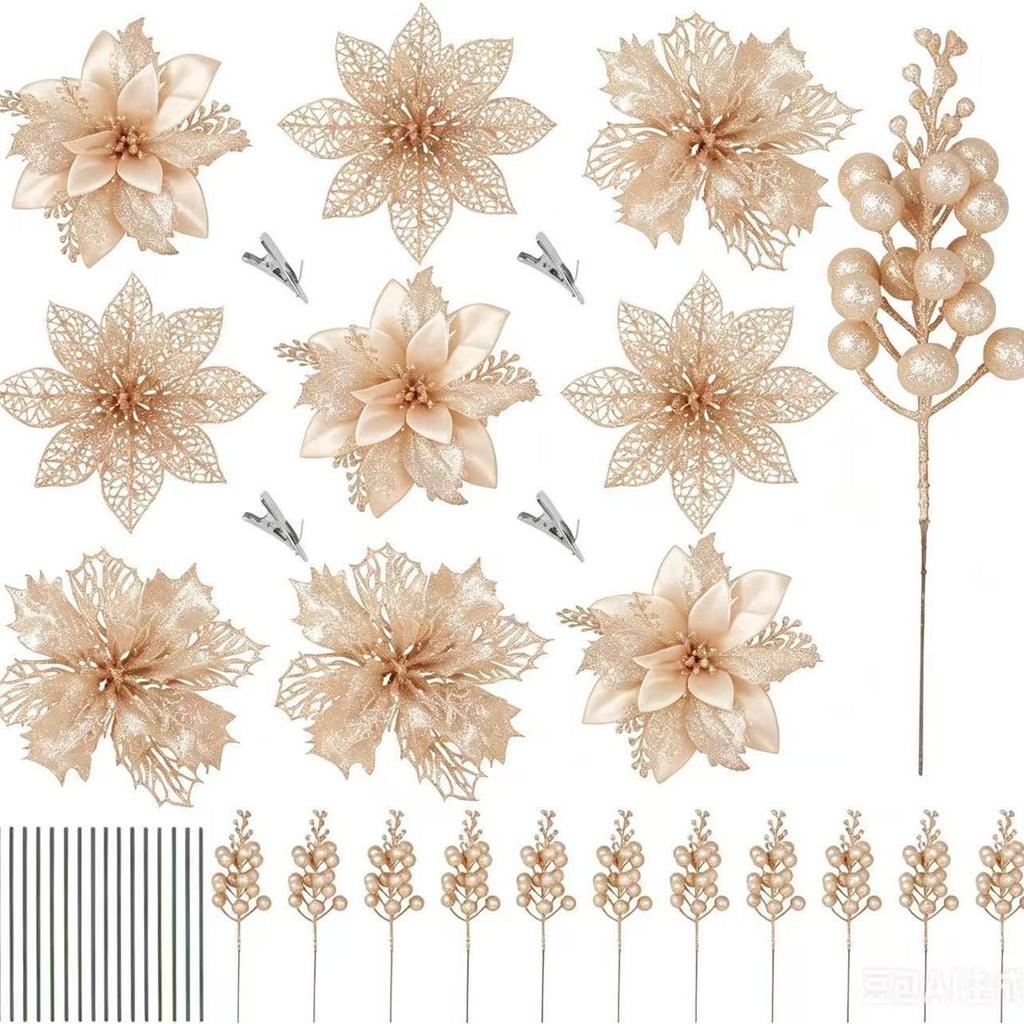Christmas Handmade Gold & Silver Flower Ornaments with Gold Powder Fruit - Artificial Holiday Decoration Set
