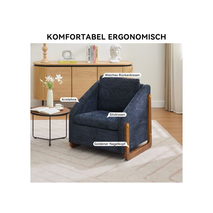 Fauteuil, fauteuil en bois avec coussin de dossier, tissu velours bleu, pièce unique