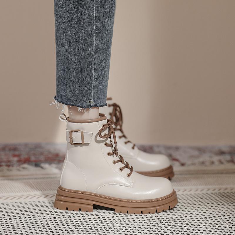 

Weiwei Women s Retro British-Style White Lace-up Martin Ankle Boots, Thick-Soled Mid-Calf Design (Model 68-3). 35
