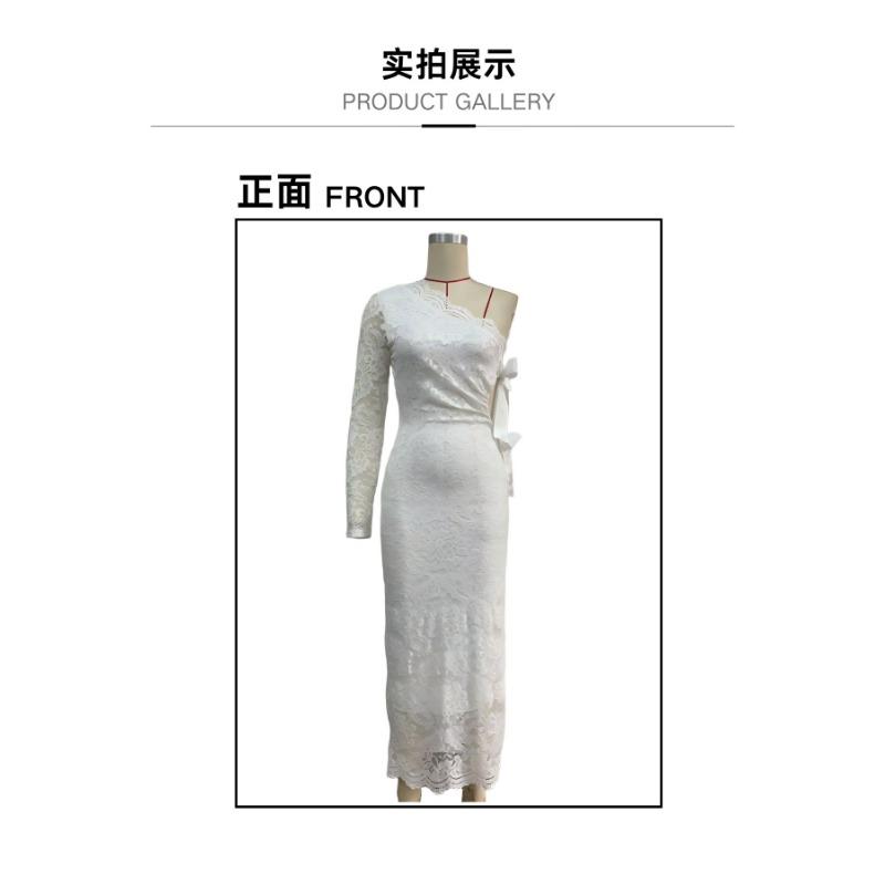 Women Sexy Lace One Shoulder Asymmetrical Hollow Out Bodycon Long Evening Party Dress