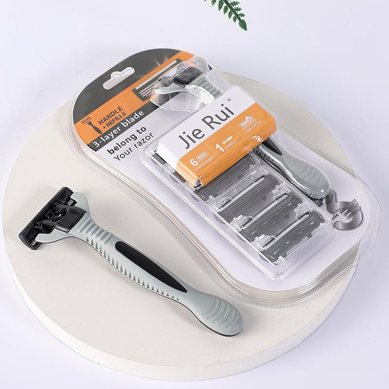 Three-Layer Old-Fashioned Manual Men's Shaving Razor with 1 Handle & 6 Blades