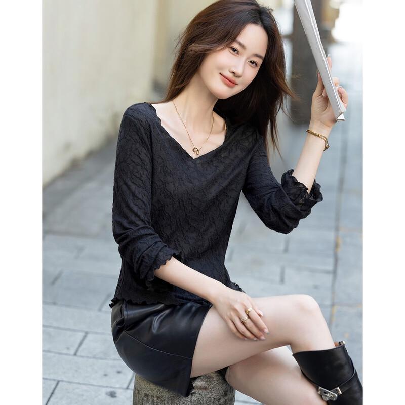 Demana Elegant V-Neck Lace Embroidered Long Sleeve T-Shirt