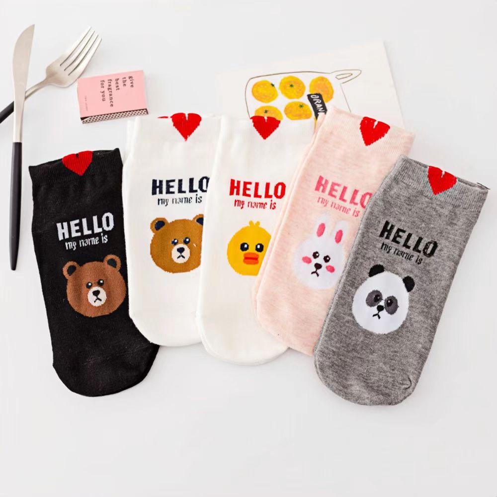 

SHXI 5 пар женских носков с низким паголенком, милые хлопковые носки-лодочки, мультяшные носки с надписью Hello, с аватаром животного, с прямым рисунком, носки с надписью Love One Size
