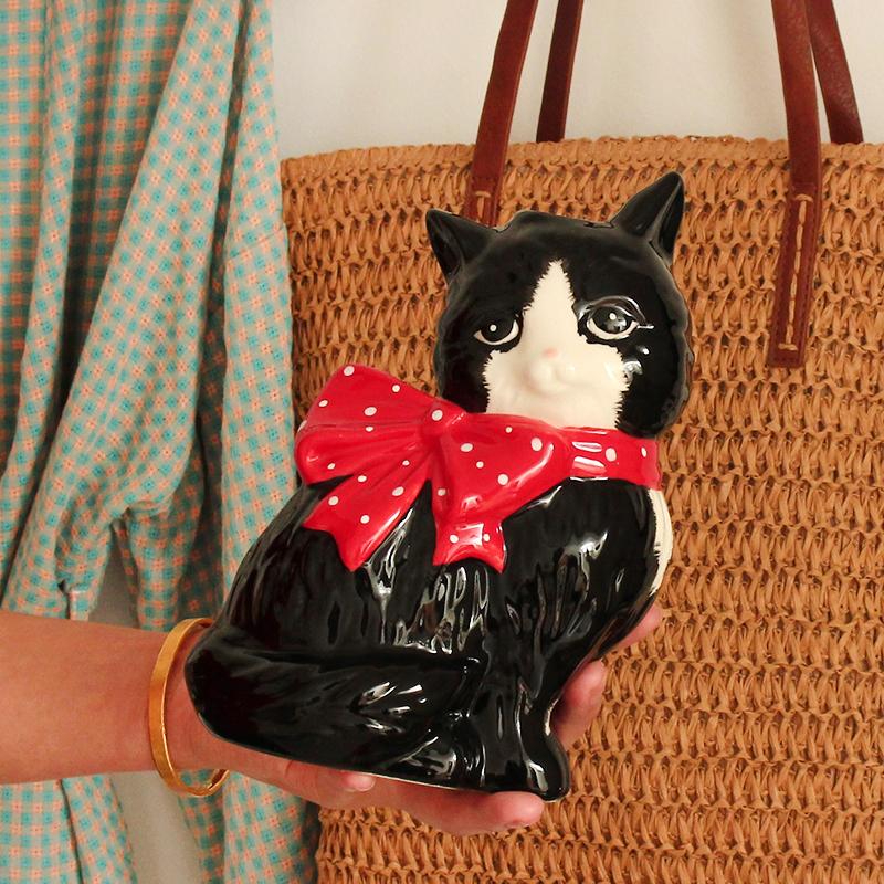 1PC Decoration Cat Lover Gifts Ceramic Vase Hand-Drawn Polka Dot Bow Tie Cute Small Diameter Aesthetic Cat Shape Artistic 20x14cm