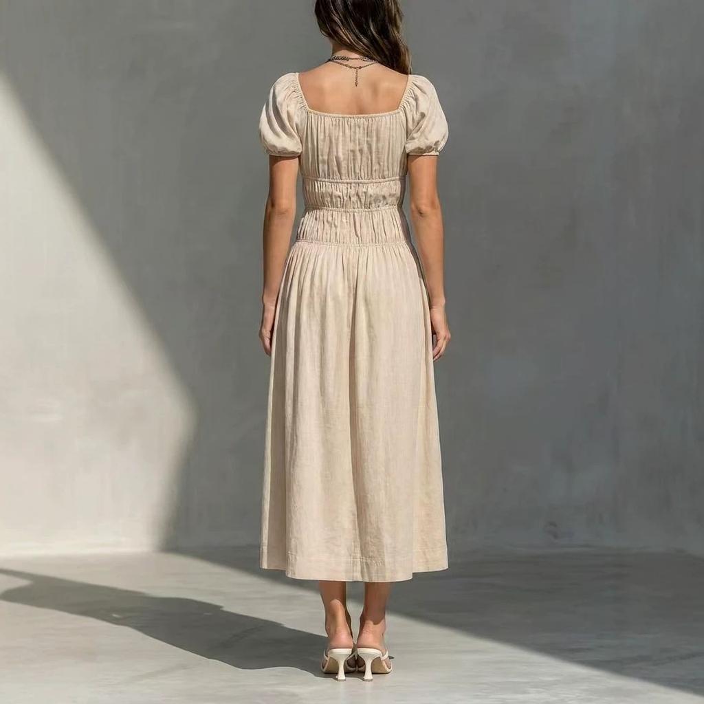 European and American women's clothing retro square neck tie bow waist thin bubble sleeve dress