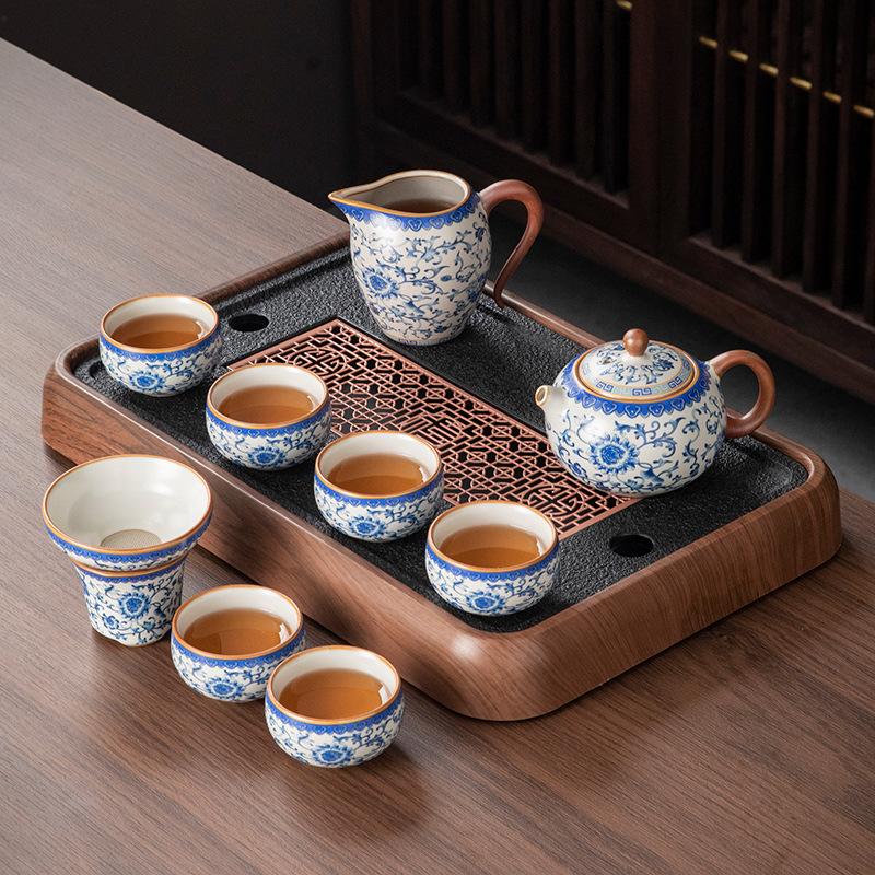 High-end Light Luxury New Ru Kiln Kung Fu Tea Set Ceramic Teapot Teacup Tea Table a Complete Set of Home Office