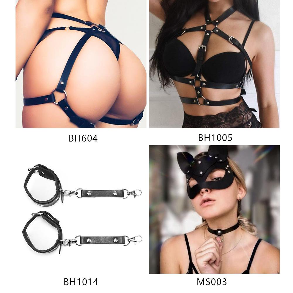 Nightclub Glamour Queen Leather Bondage Mask Belt Seal Handcuff Set