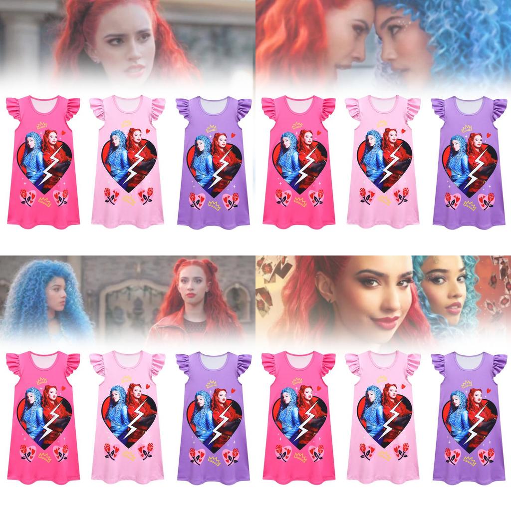 Charming New Kids Flying Sleeve Dress Descendants 4 Halloween Girl's Nightgown With Milk Silk Fabric Ideal For Summer Wear