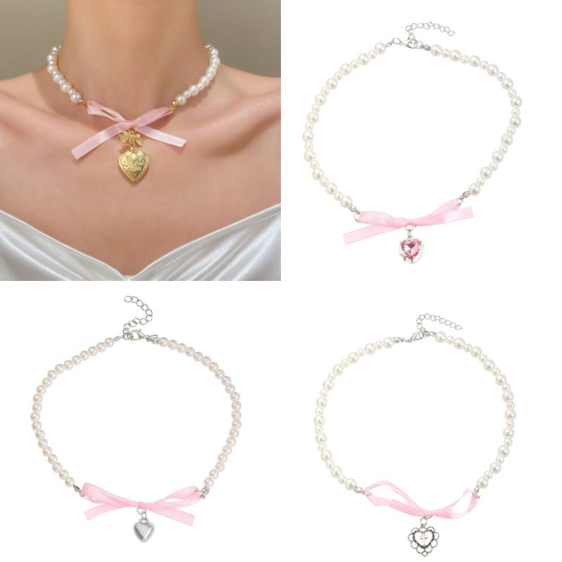 Elegante Halskette mit Perlenanhänger und Herz-Schleife für Frauen, süße, vielseitige Choker-Charme-Halsketten, Modeschmuck, Geschenk