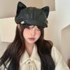 Woman Beret Leather Hat With Curved Brim And Cat Ear Detail For Trendy Dress Up