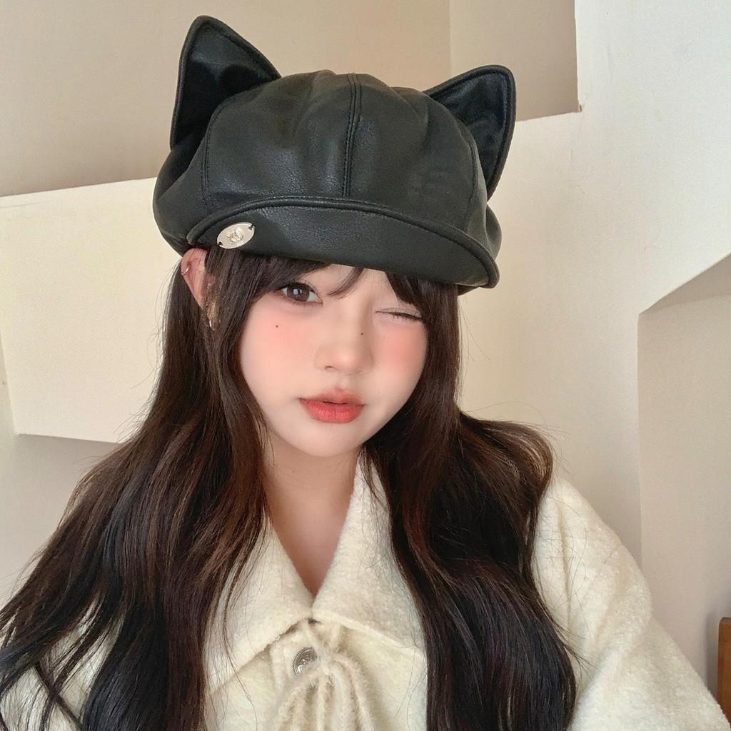 Woman Beret Leather Hat With Curved Brim And Cat Ear Detail For Trendy Dress Up