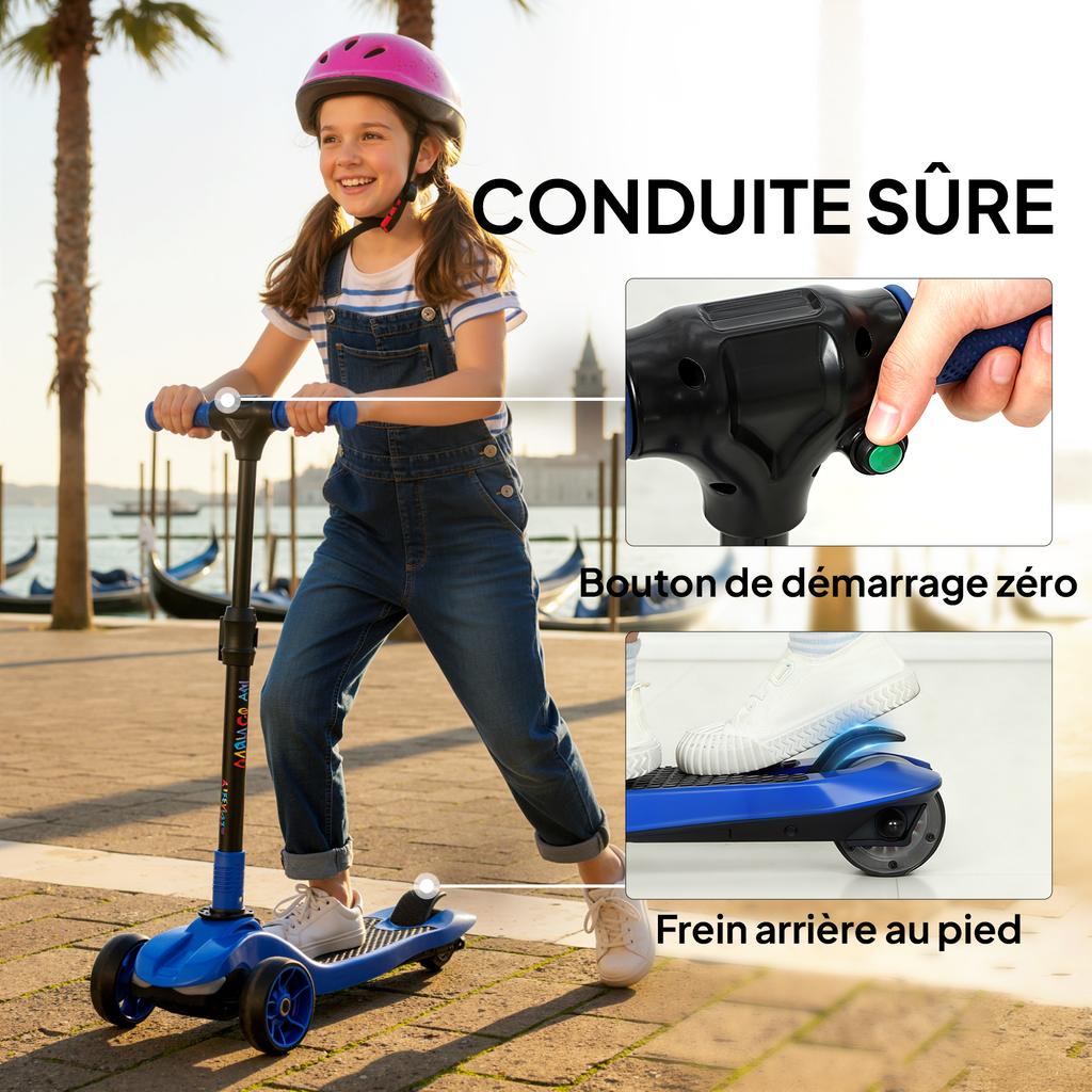 Monopattino elettrico per bambini 6+ anni, pieghevole 3 ruote avvio zero, velocità massima 8 km/h 64 x 29 x 83 cm blu