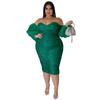Vestido Midi Bodycon Preto com Lantejoulas, Ombro a Ombro e Manga Bufante, Tamanho Grande
