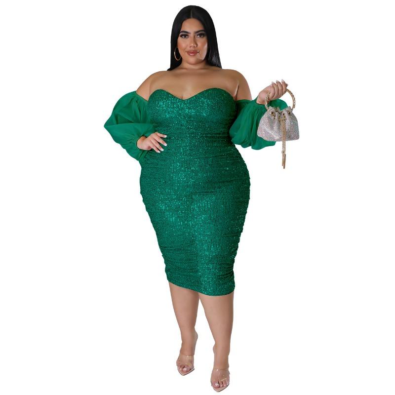 Vestido Midi Bodycon Preto com Lantejoulas, Ombro a Ombro e Manga Bufante, Tamanho Grande