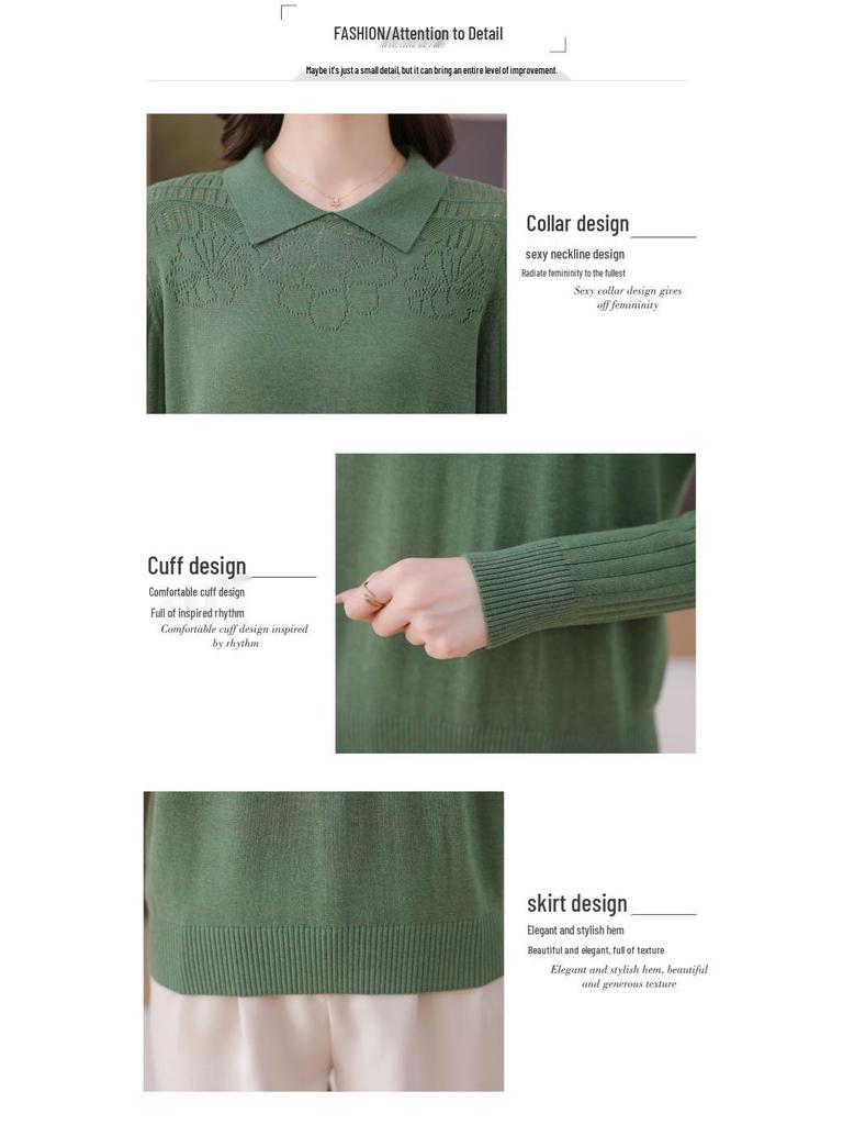 Autumn 2025 Hollowed-Out Long-Sleeve Knitted Sweater with Turn-Down Collar - Women's Fashionable Base Layer Pullover