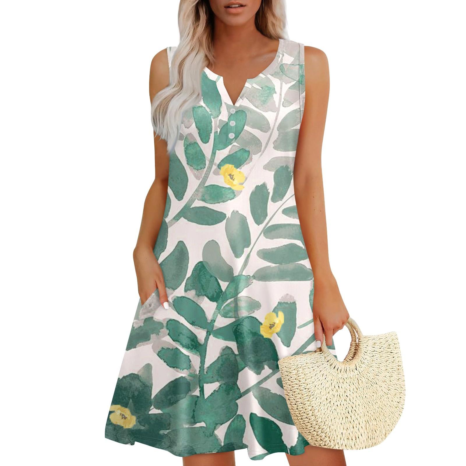 

Женские летние платья Свободные сарафаны без рукавов с V-образным вырезом Платье с карманами XXXL зелёный