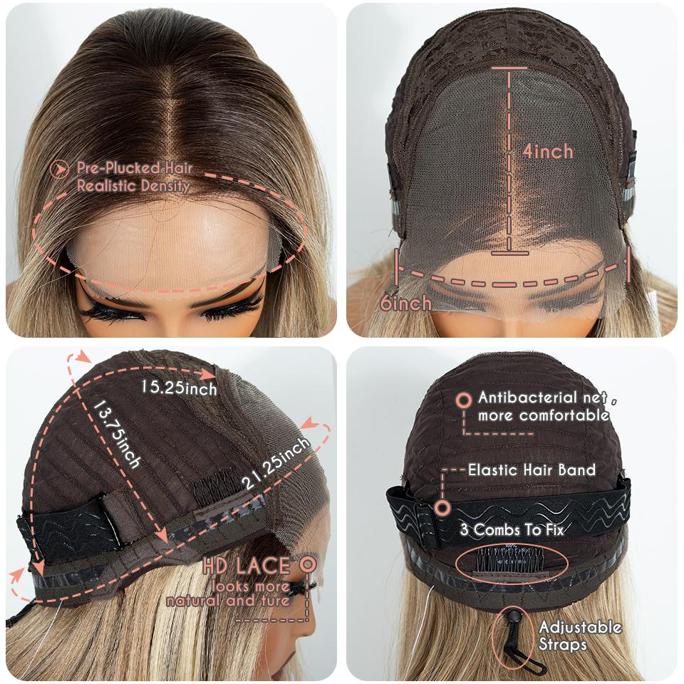 Perruque NOBLE 18 Pouces 6x4 Lace Front Ombré Blond Cendré Bob Résistante à la Chaleur Sans Colle Synthétique pour Femmes Noires et Blanches Usage Quotidien
