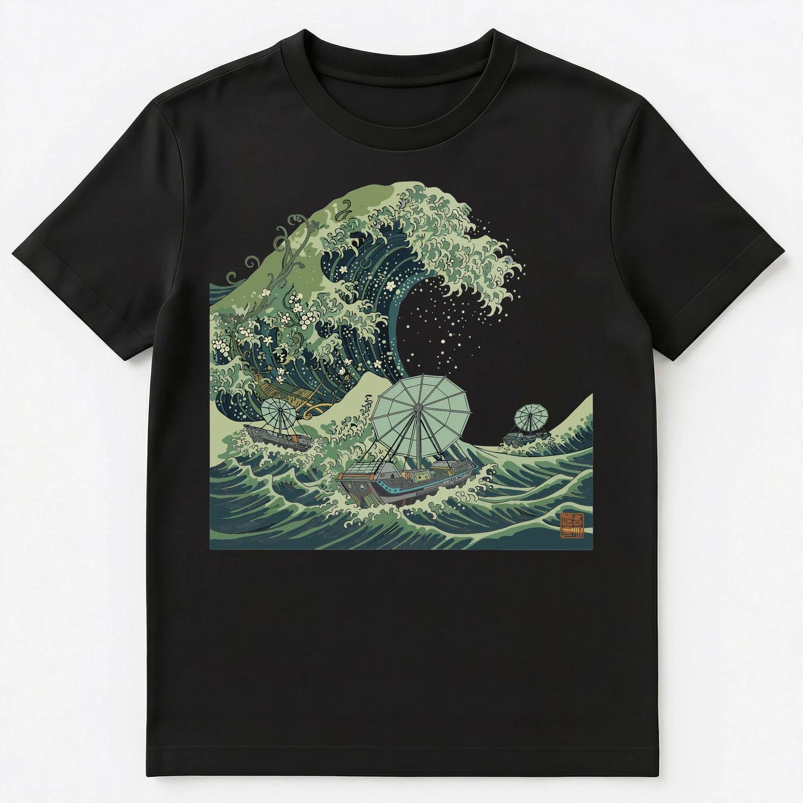 Steampunk Enthusiast Great Wave Sci Fi Ship Japanese Art Unisex T-Shirt XL