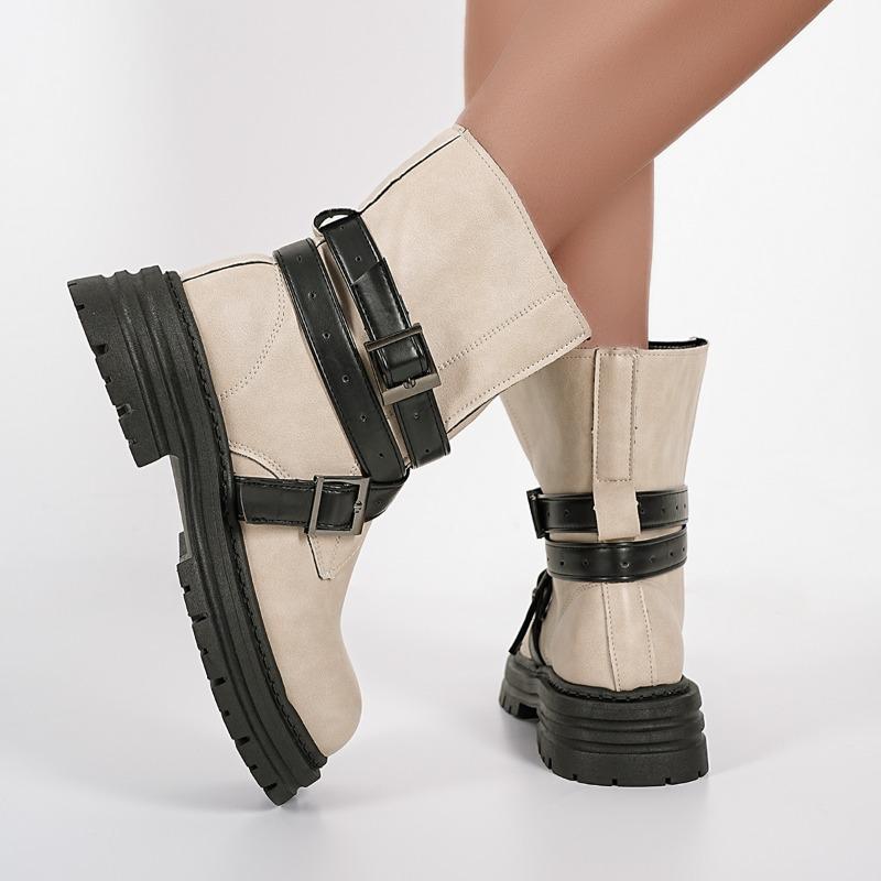 Western Trendy Big Head Cross Belt Buckle Chimney Boots Round Toe Platform Block Heel Booties