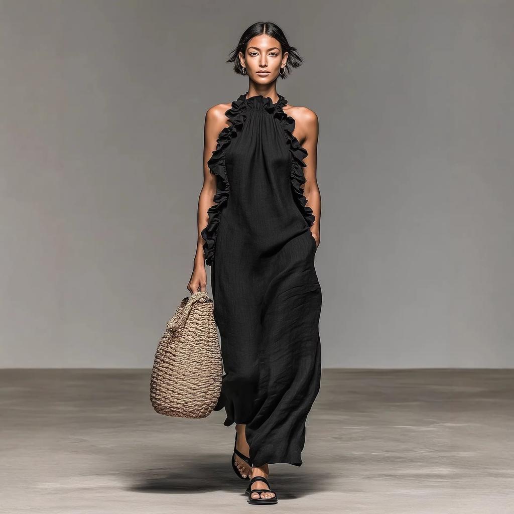 Sleeveless Ruffled Neck Maxi Dress Loose Fit Long Dress Lightweight Flowing Fabric Summer Style for Women