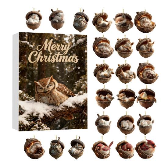 2025 Ozdoby Żołędzi Zwierzęta Leśne Kalendarz Adwentowy 2D Akrylowy Przytulny Las Zestaw Ozdób Świątecznych Szyszka Zwierzę Odliczanie Dekoracja na Choinkę