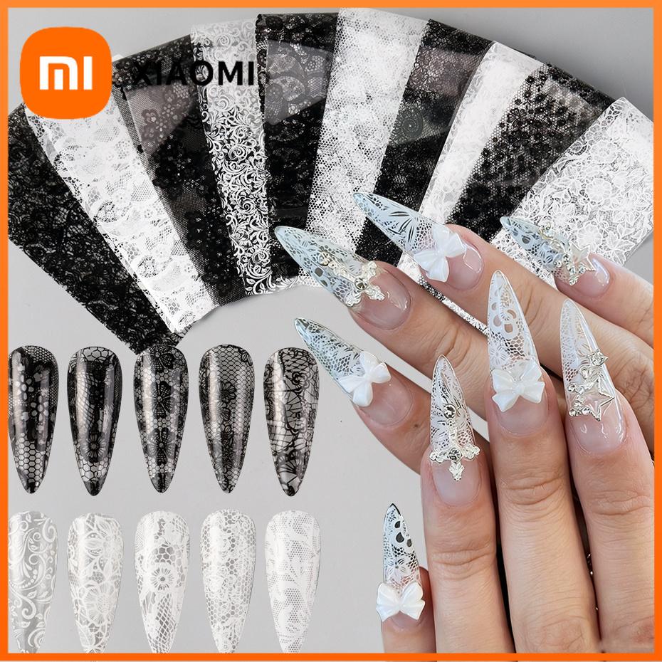 Xiaomi 10pcs Elegant Black White Lace Flowers Nail Transfer Foils Stickers Black And White Sexy Lace DIY Charms Nail Art Decoration