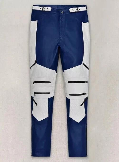 

Натуральная кожа ягненка Байкерский стильный крой Носимая Дизайнерская молния Мужские брюки Синие 42 белый/синий