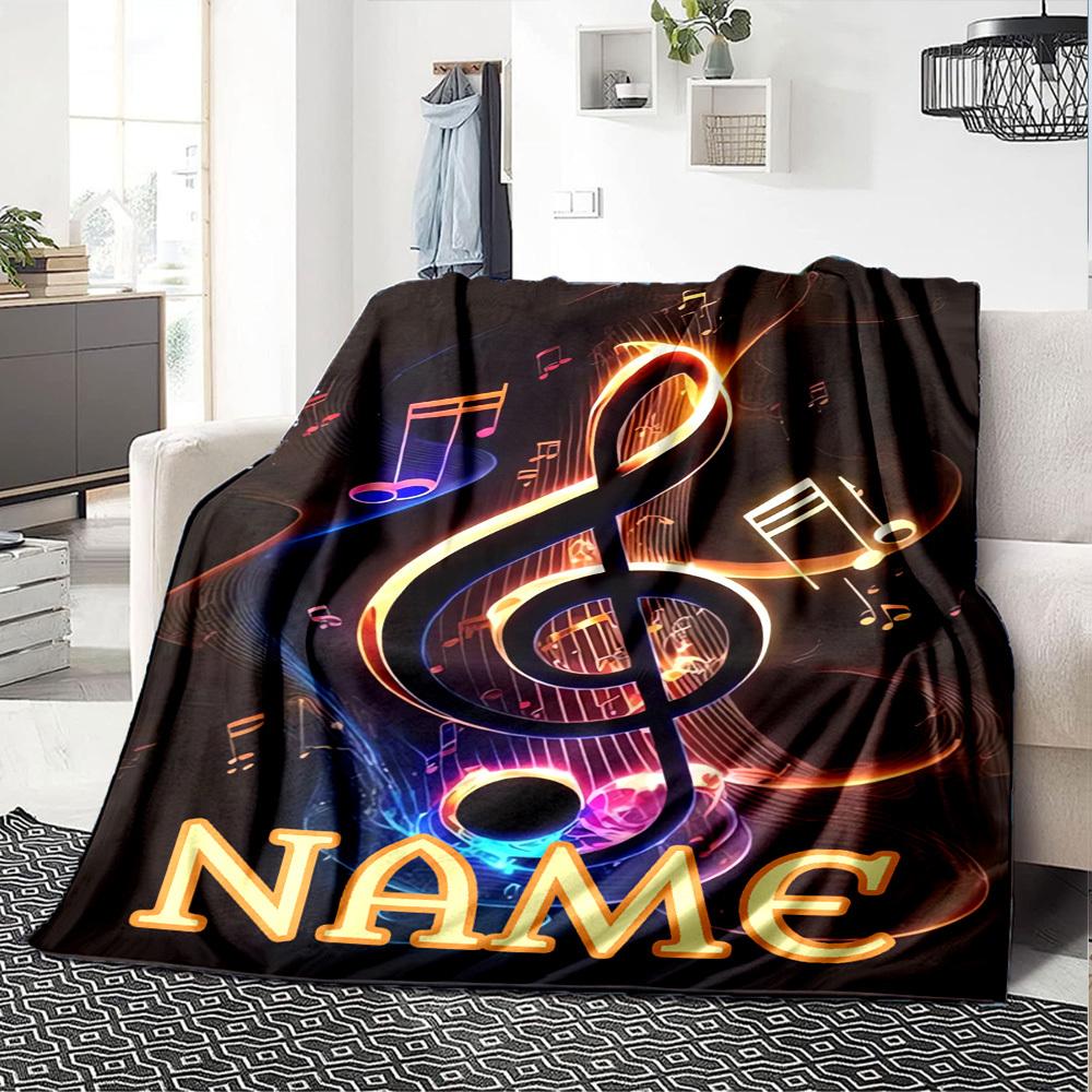 Musical Notes And Treble Clef Glow Cozy Personalized Blanket Personalized Text Comfortable Texture Perfect For Sofa Couch Office Bed Picnics Ideal For