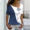 Women's Short Sleeved T-shirt with Slanted Neckline Pattern and Digital 3D Printed Women's T-shirts