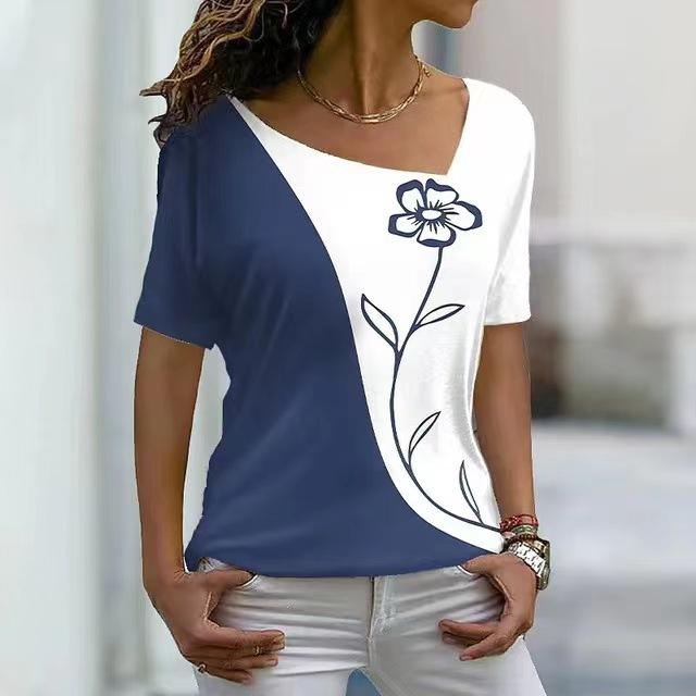Women's Short Sleeved T-shirt with Slanted Neckline Pattern and Digital 3D Printed Women's T-shirts