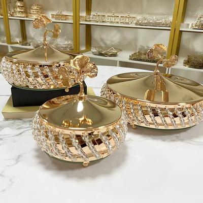 Boîte à bonbons feuille d'abricot plaquée or Verre cristal Bijoux Cosmétiques Coton-tige Boîte de rangement Métal Bureau Plateau à fruits secs