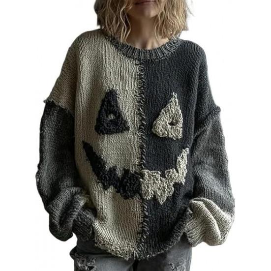 Halloween Skummel Ansikt Genser for Kvinner Patchwork Trykk Strikket Genser Topp Langermet Rund hals Sydd Høstantrekk
