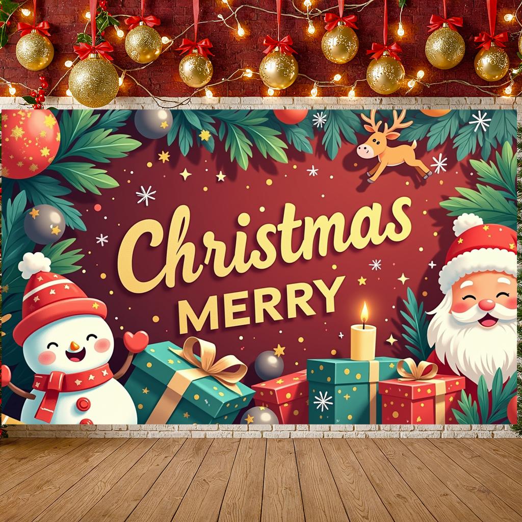 Holiday Celebration Banner Snowman Design Santa Claus Backdrop Christmas Banner Green Pine Branches Christmas Decor Banner