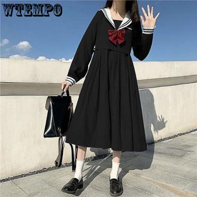 Marineblaues Kragen-Schwarzes Kleid Frühlings- und Herbst-Damenkleid Lockere Taille Schlankes College-Stil-Kleid
