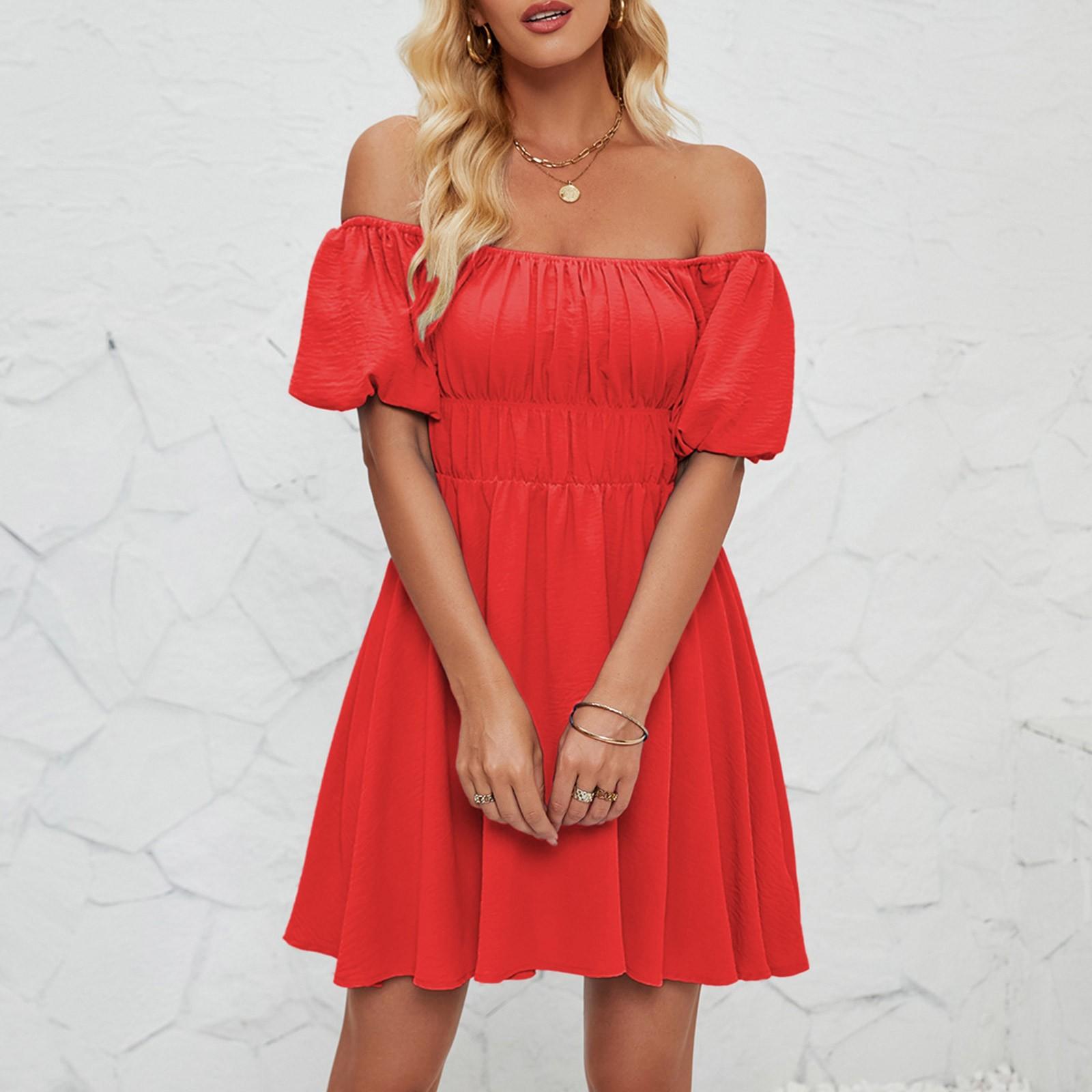 

Женское модное однотонное платье с одной линией выреза и короткими рукавами, темпераментное плиссированное платье с высокой талией S красный
