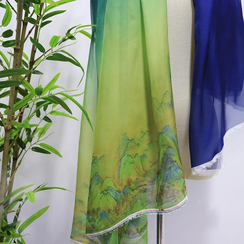 

1m Chinese Landscape Printing Fabric Ancient Style Translucent Cloth for Hanfu Costume Dance Dress DIY Sewing Fabric Fixed Width 1.5m