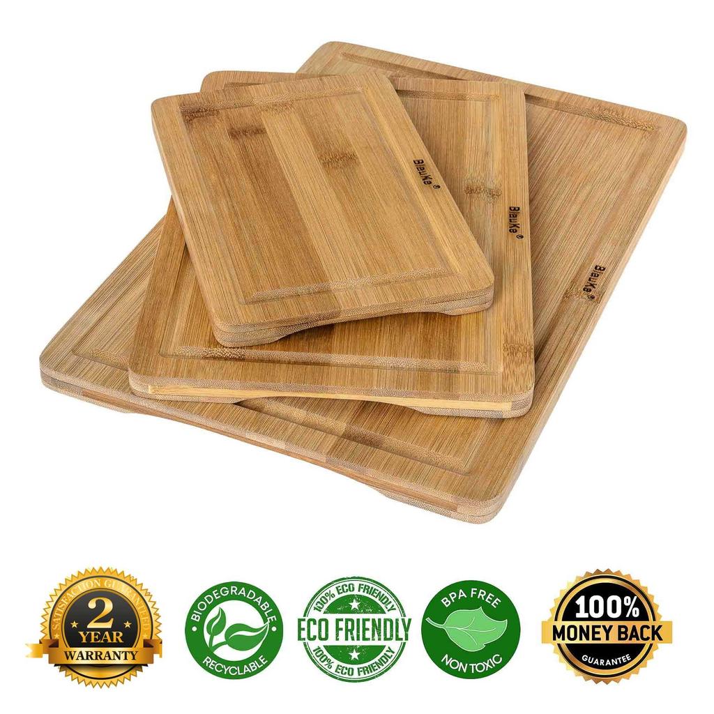 Wood Cutting Boards for Kitchen – Bamboo Cutting Board Set with Juice Groove and Handles – Wooden Chopping Board, Serving Tray – BlauKe®