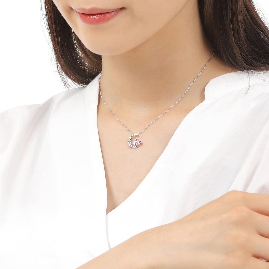 Cubic Zirconia Silver SV925 Cat Moon Heart Necklace for Women [Petit Chaton] (2-01 Silver-Pink)