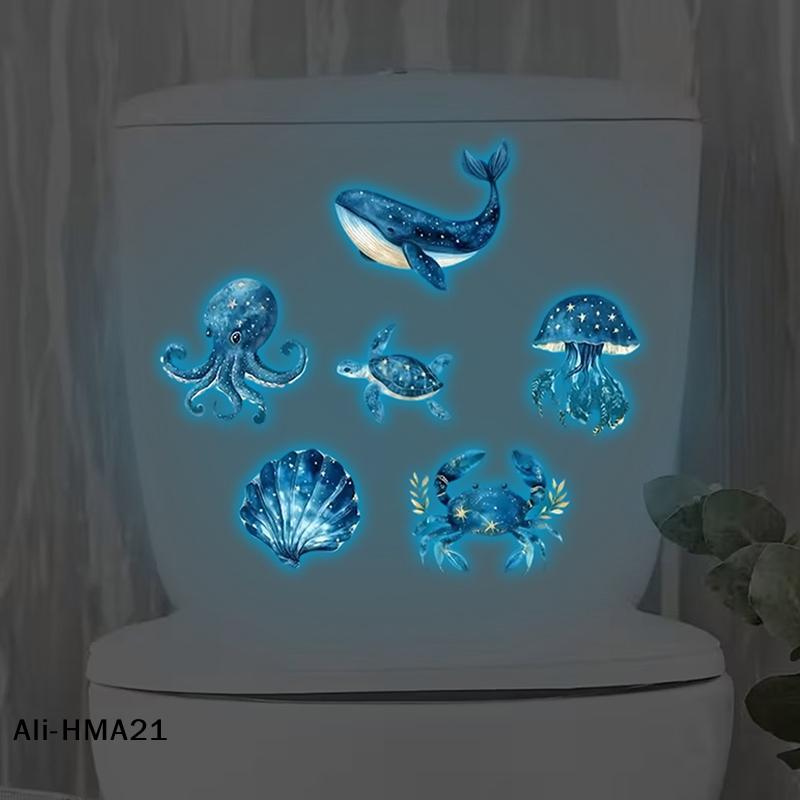 Marine Life Luminescent Glass Stickers Glow-in-the-Dark Toilet Sticker Self-Adhesive Removable Wall Sticker Car Sticker