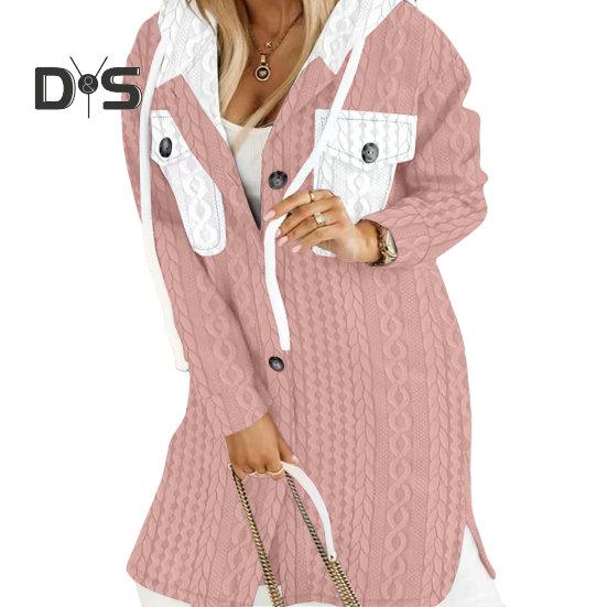 Women Fall Winter Sweater Coat Hooded Drawstring Twisted Pattern Contrast Color Thick Knitted Solid Color Long Sleeve Mid Length Pockets Split Hem