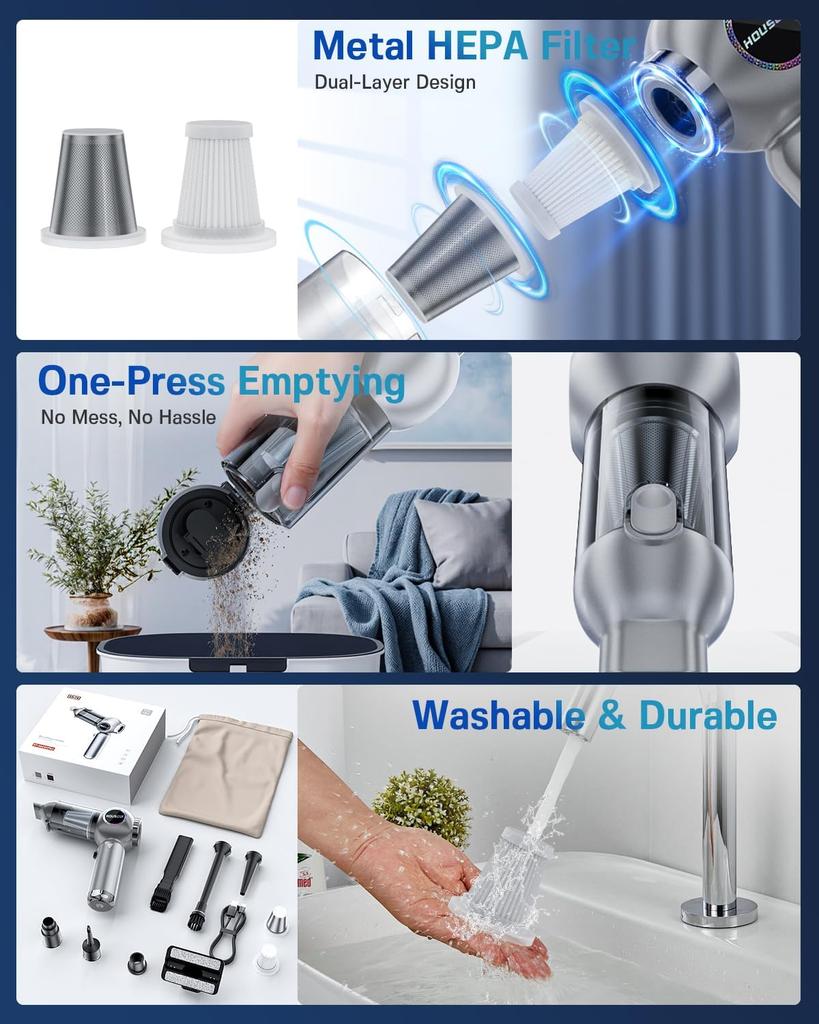 Portable Cordless Car Vacuum 25000Pa, Rechargeable 4-in-1 Handheld Cleaner for Car, Office, Home