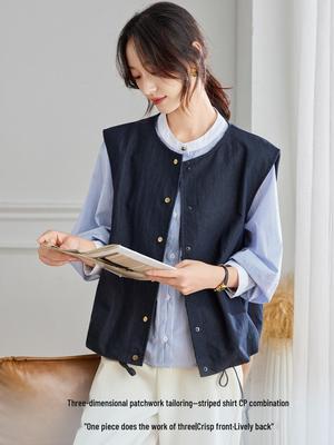 Erken Sonbahar Kadın İnceletici Kolsuz Yelek - Yuvarlak Yaka, Düz Renk, Japon Günlük Tarzı