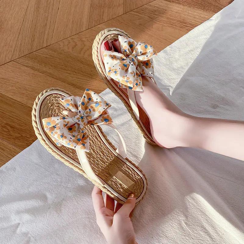 Fashion Slides Open Toe Bow Flip Flops Women's Slippers and Ladies Sandals Outside Shoes on Beach 2024 Flat Pvc 39 Promotion Top Designs