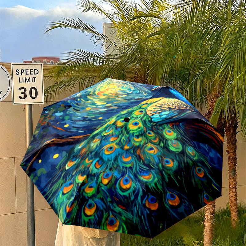 1PC Peacock Starry Night Automatic Umbrella - Suitable Travel Outdoor Portable Umbrella Birthday Gift Daily Essentials